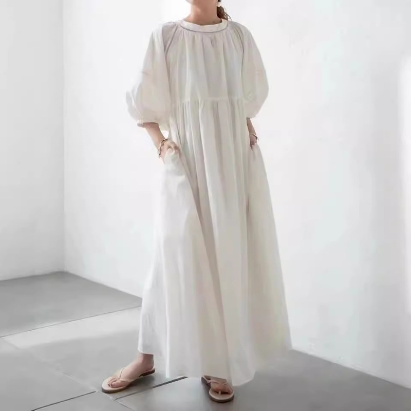 Cross-border Three-color in stock Japanese Ultra-long Loose Lantern Sleeves Two-sided All-match Elegant Commuting Solid Color dress