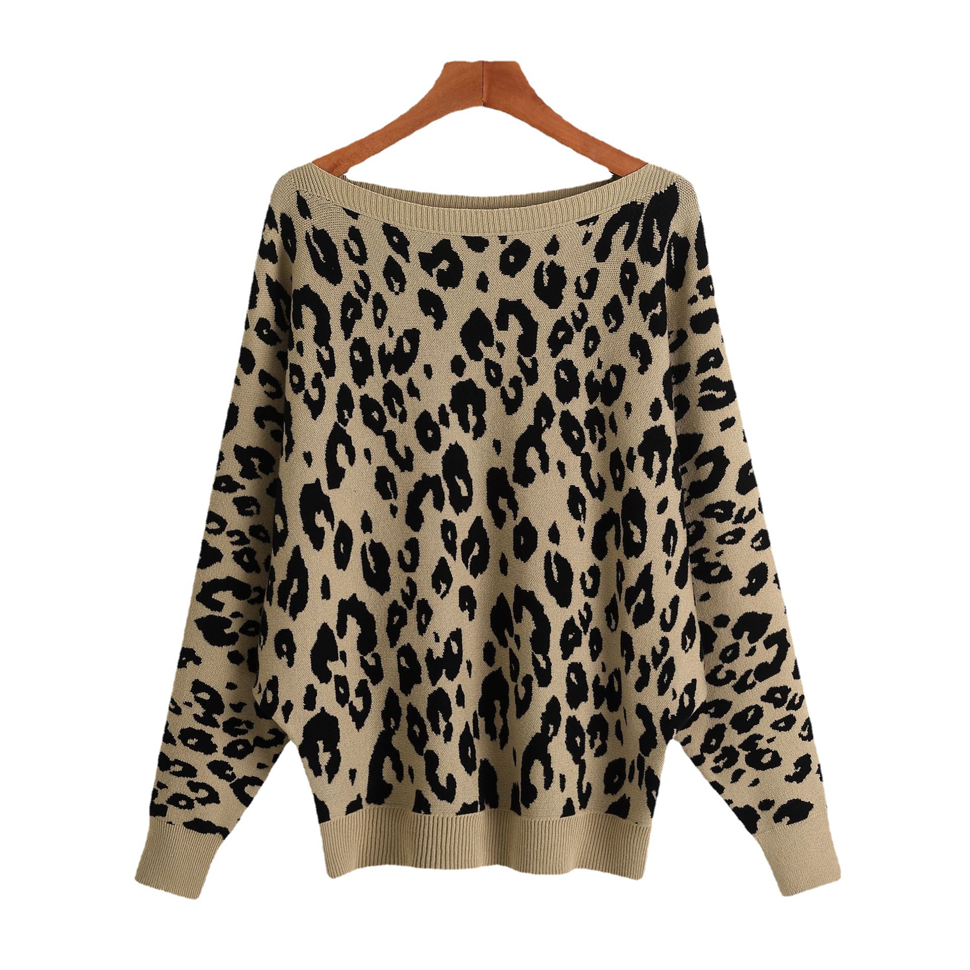 2022 Otoño e Invierno transfronteriza europea y americana Suéter de mujer cuello suelto camisa de murciélago jacquard industria pesada suéter con estampado de leopardo
