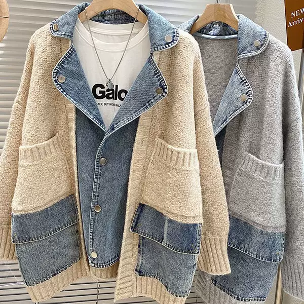 2025 New Autumn and Winter Korean Style Preppy Style Personalized Splicing Denim Jacket Knitted Cardigan Plus Size Women's Clothing