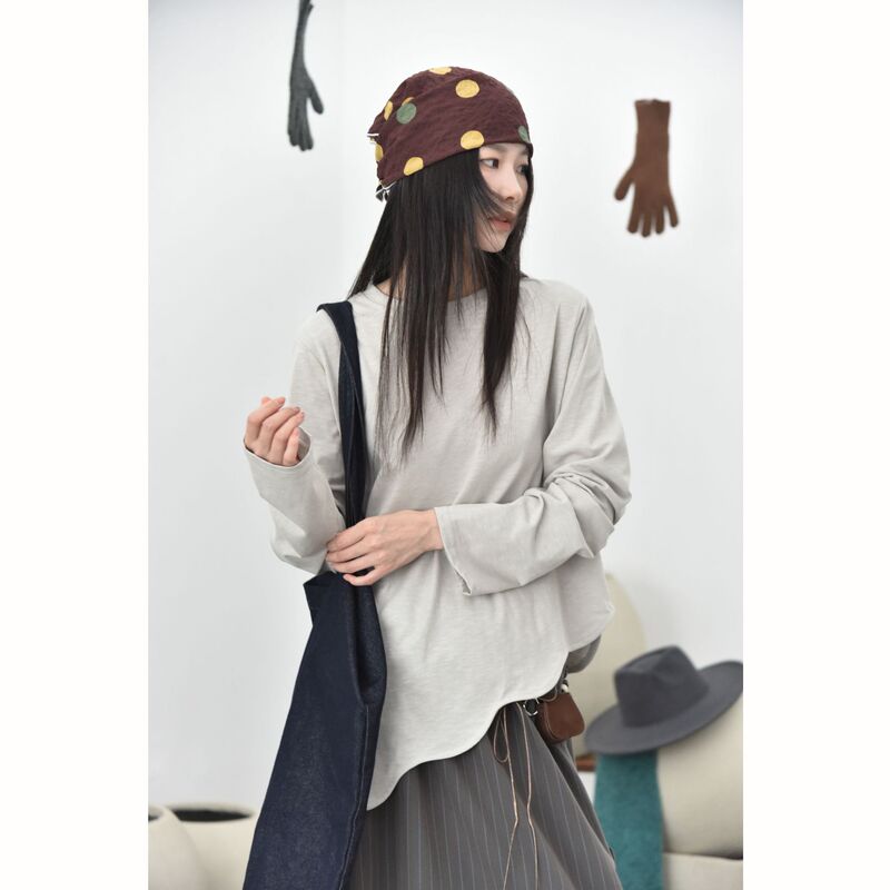 [There are also mountains] Wave-patterned, asymmetrical design, early autumn new collection, minimalist layered look, simple pure cotton crew-neck T-shirt 5735 #