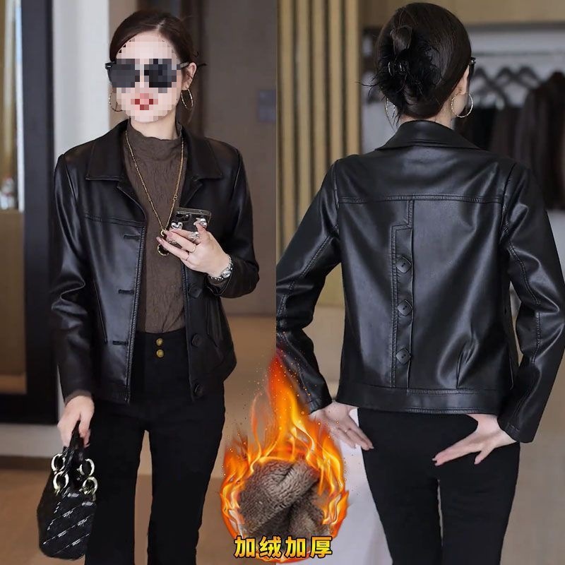 Off-Season Price Haining Soft Leather Jacket for Women 2025 Autumn and Winter New Style Foreign Style Age-Reducing Fleece-Lined Thickeneded Short Jacket for Small People
