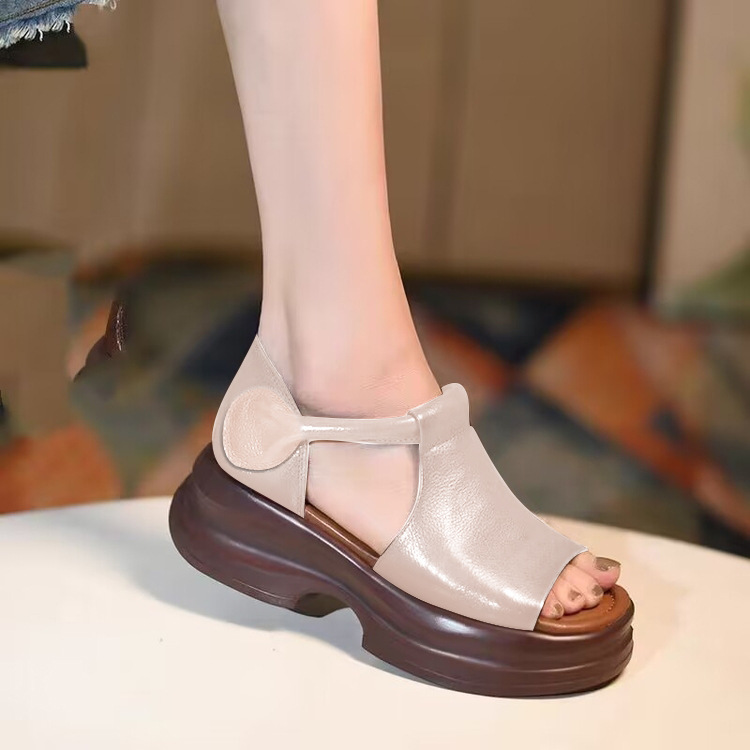 Sandalias de suela gruesa de verano, zapatos de boca de pez de punta abierta de tacón grueso para mujer 2025 nuevos zapatos romanos de tacón con velcro de cuero suave