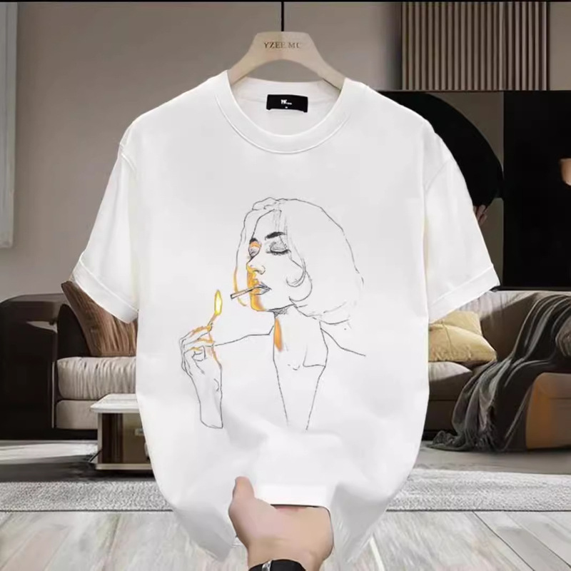 Summer New Explosions Heavy Cotton T-shirt American Style Trendy Handsome Casual All-match Trendy Printed Men's Round Neck T-shirt