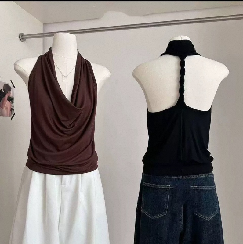 1120 Spicy Girl Old Money Style Fashion Outfit with Swung Collar, Halter Neck, Twisted Rope Design, Camisole for Women, Summer Outerwear, Backless Top