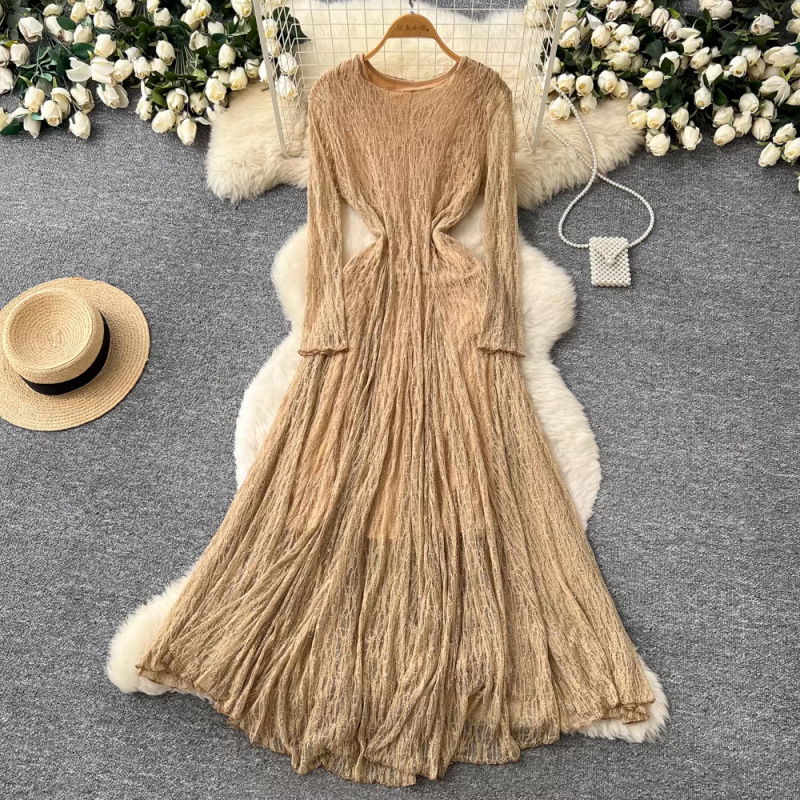 French Romantic Style V-Neck Lace Dress with Bright Rhinestones for Women, Spring and Summer Long-Sleeved Waist-Cinching Slimming Elegant A-Line Long Dress
