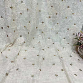 时尚网纱金线刺绣梅花刺绣面料亮片星星刺绣连衣裙女装服饰绣花布