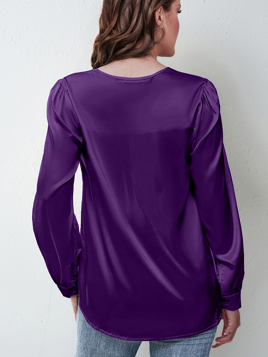 Camisa de satén plisada de manga larga con cuello en V para mujer, estilo casual y holgado, ideal para el día a día, éxito de ventas en Amazon 2026