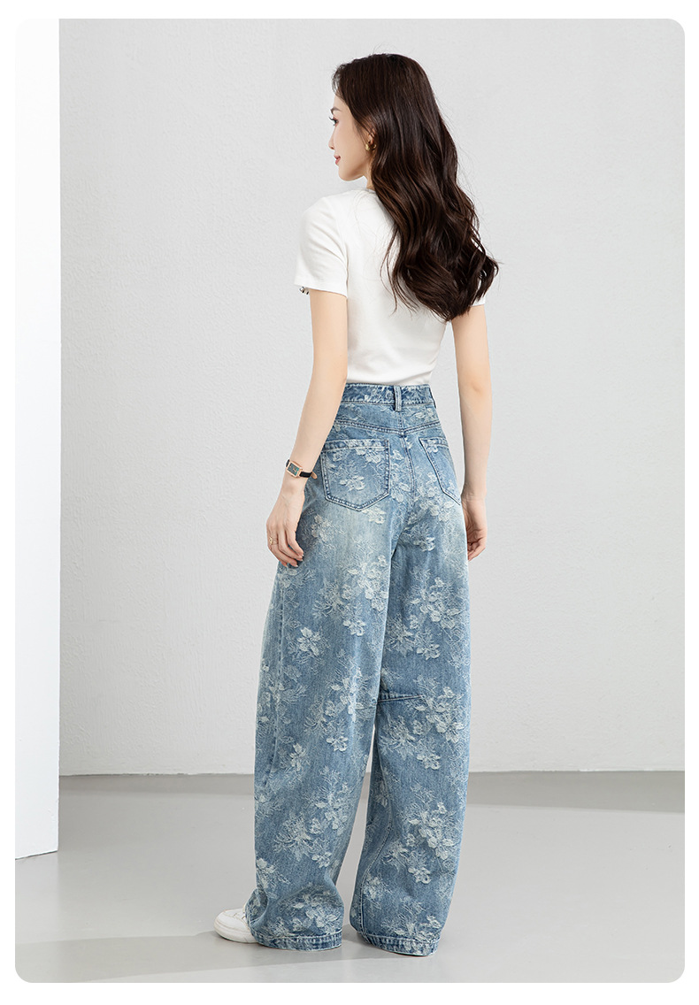 Quần jean nữ ống rộng cạp cao họa tiết jacquard kiểu Trung Hoa mới — xanh lam chi tiết 25