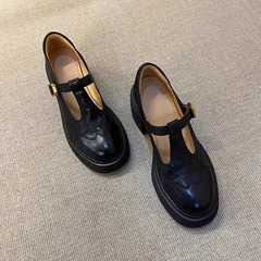 羊皮版文芸復古小革靴太さと厚い底メアリー珍靴の丸いハイヒールjk制服靴の女性