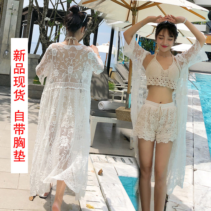 Seaside Holiday Lace Sunscreen Cardigan Long Fashion Hollow Sexy Slim Sling Shorts Swimsuit Three-Piece Set