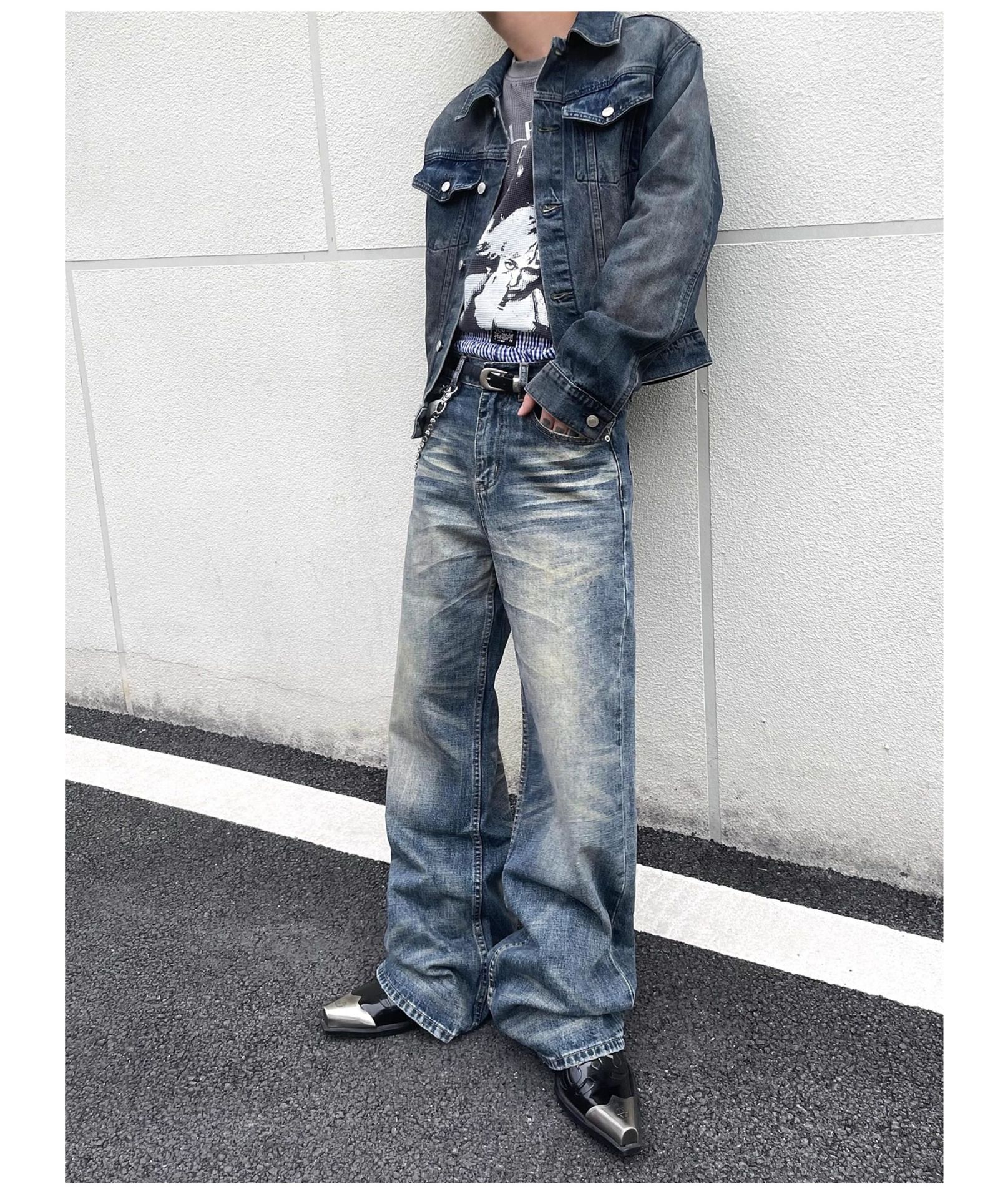 Vintage Washed Distressed Whiskered Baggy Jeans High Street Style Casual Loose Fitting Straight Leg Jeans_mkmklike.com