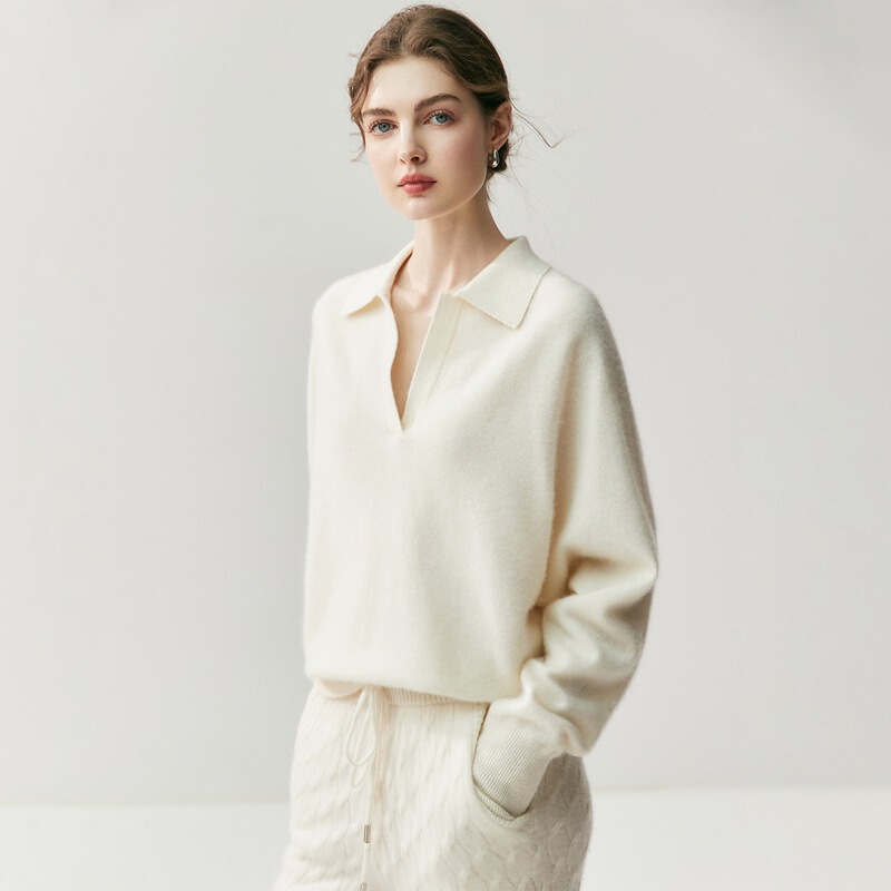 Cos Same Style ~ Versatile Polo Collar 100% Pure Cashmere Sweater for Women, Slimming Look, Soft and Waxy Knitted Sweater