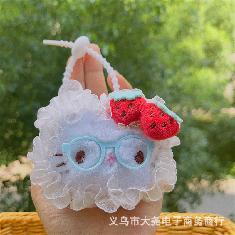 原创蕾丝可爱少女KT高颜格子草莓小猫包包手机小众钥匙扣挂件辅料|undefined