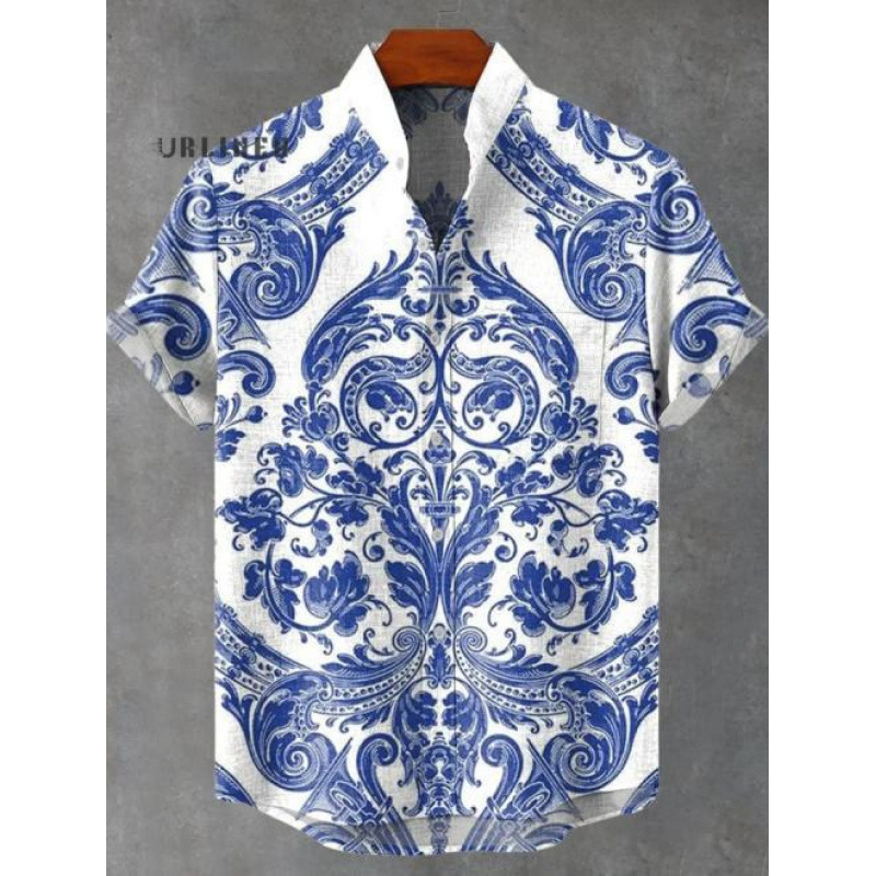 Cross-Border Fashion Design Men's Stand Collar Short-Sleeve Shirt with Orangutan and Elephant 3D Digital Print, Youthful and Trendy