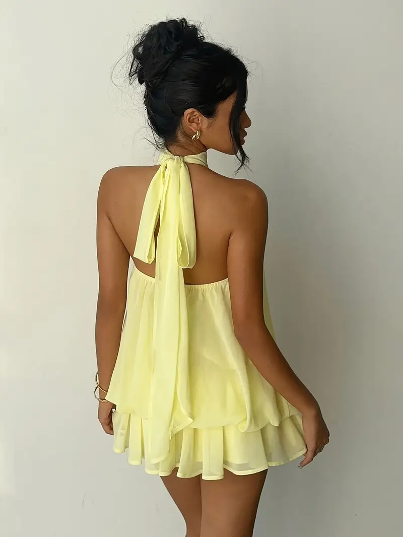 Sexy Mesh Halter Neck Tea Break Dress For Women Summer Beach Vacation Stylish Hot Girl Party Dress_ecoleips.com