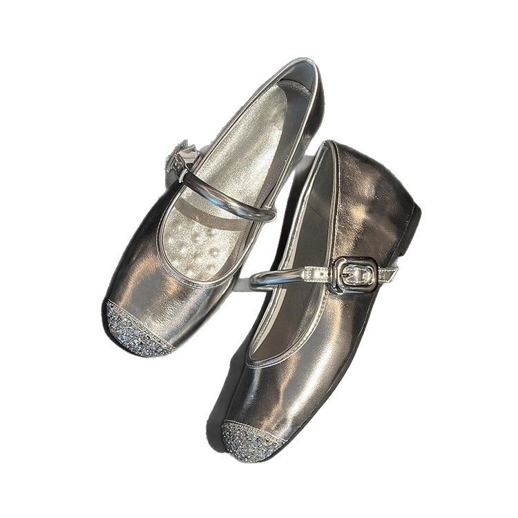 Versión de piel de oveja ~ zapatos de ballet de plata francesa de mujer con suela suave con un cinturón de altura interior con cabeza redonda, zapatos de marijin