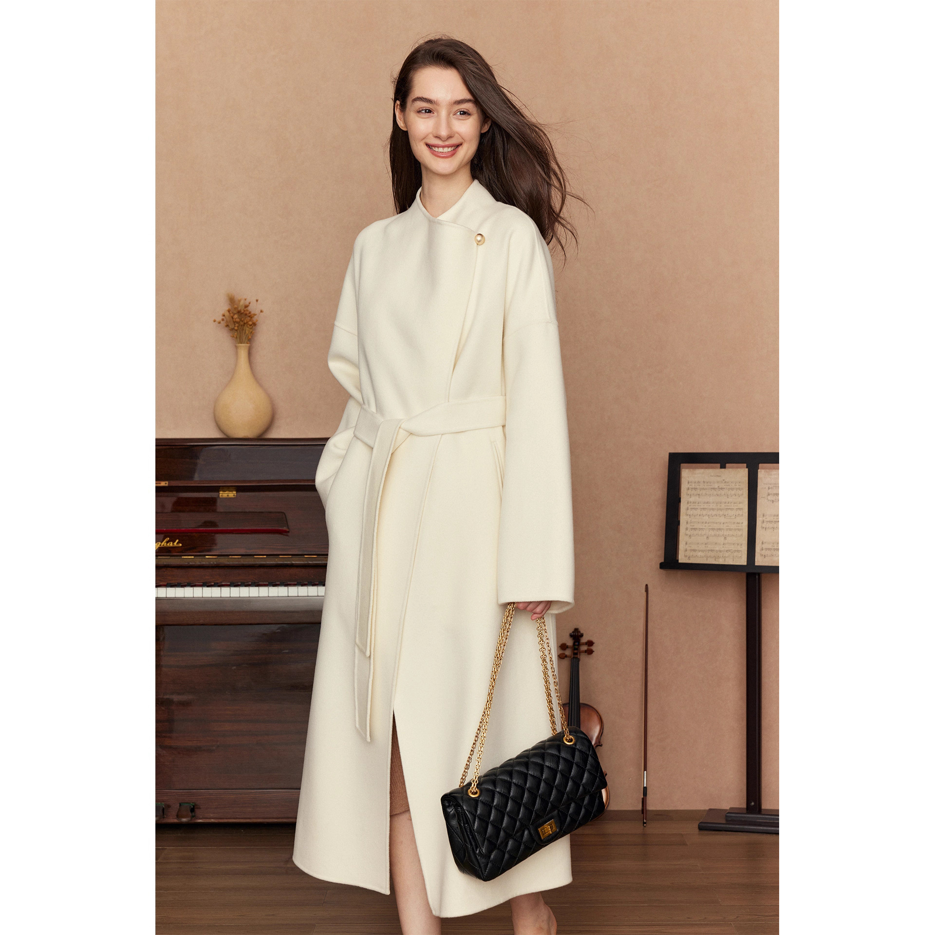 Hepburn Style High-End Double-Sided Cashmere Wool Outwear Women's Mid-Length White Simple Woolen Outwear Autumn and Winter