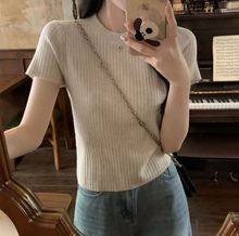 针织短袖t恤女2025新款夏季设计感冰丝打底小衫修身正肩短款上衣