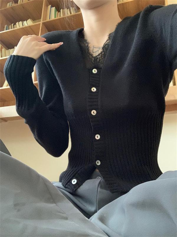 V领蕾丝拼接针织衫女春秋季新款修身显瘦内搭上衣|undefined