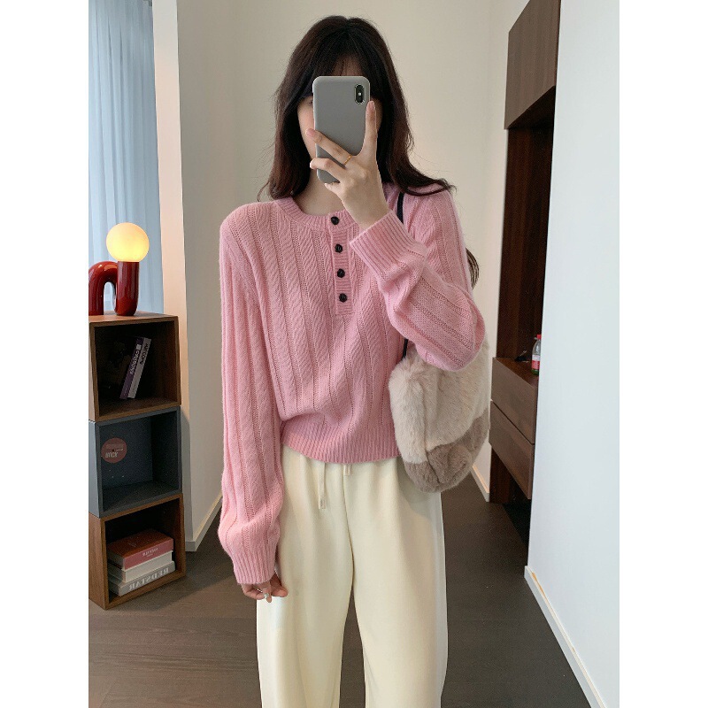 Autumn and Winter Korean Style Fluffy Warm Button-Down Henley Crew Neck Comfortable Simple Long-Sleeve Knit Sweater New Trendy Top Autumn and Winter Korean Style Fluffy Warm Button-Down Henley Crew Neck Comfortable Simple Long-Sleeve Knit Sweater New Trendy Top