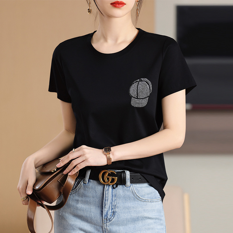 2024 spring and summer new hot rhinestone hat solid color round neck mercerized cotton Women's slimming commuter cotton thread short sleeve t-shirt