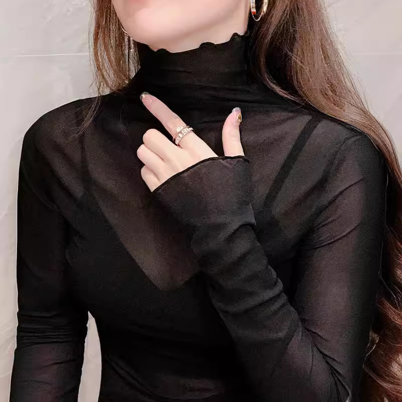 High Collar Mesh Base Shirt Women's Long-sleeved 2024 Spring and Autumn New Arrival Lace Inner Styline All-match Thin Transparent Top