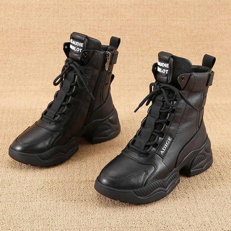 Genuine Leather Platform Thick-Soled Martin Boots for Women, 2025 Winter Short Boots, Mid-Calf Cotton Boots for Petite Women, Versatile High-Heeled Height-Increasing Boots