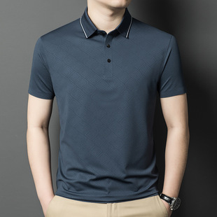 Brand high-end men's mulberry silk short-sleeved T-shirt middle-aged father summer solid color jacquard lapel POLO shirt silk