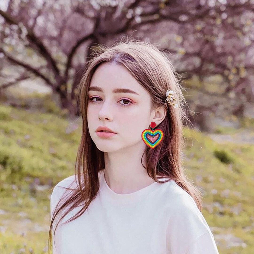 Drop Earrings Classification 1 Pair Quantity 1 Pair Bohemian Classic Style Rainbow Heart Shape Beaded Seed Bead Drop Earrings
