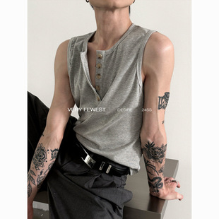 Street Focus Unisex Design Henley Collar Vest Summer Layered Slim Sleeveless T-Shirt
