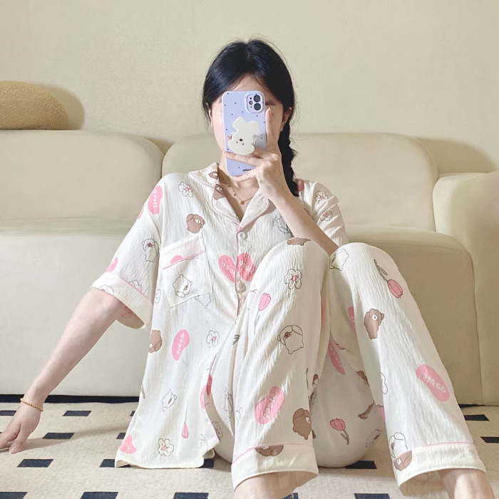Verano nuevo pijama de amor mujer adorable oso simple ocio delgado nubes algodón ropa doméstica dos piezas conjunto al por mayor