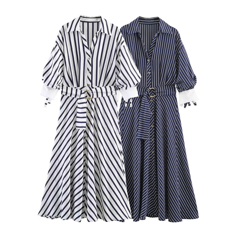 Foreign Trade 2026 Summer New Style European and American Style Women's Fashion Casual Loose Striped Dress with Belt 5029252