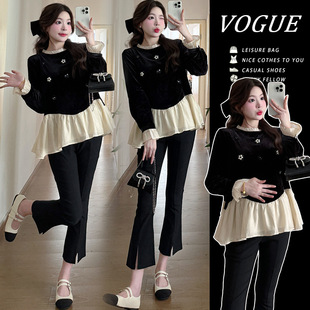 Real Shot of Fashionable Pregnant Women, Fashionable Moms, Black Slimming and Versatile Little Fragrance Autumn and Winter Temperament Two-Piece Set