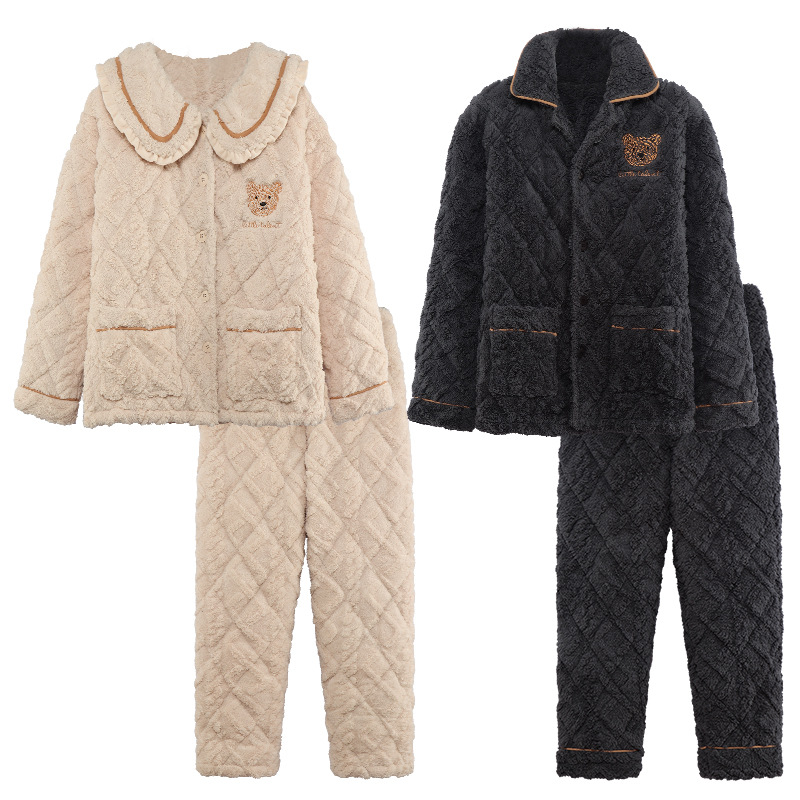 Jiao Caimeng pijamas de pareja de invierno coral polar de tres capas acolchadas engrosadas franela de hombres y mujeres estilo coreano Otoño e Invierno