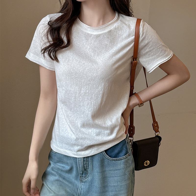 엄밀히 선발 된 여름 새 라운드 넥 어깨 반팔 티셔츠 여성용 솔리드 컬러 올 매치 캐주얼 스파이스 걸 스타일 슬림베이스 셔츠