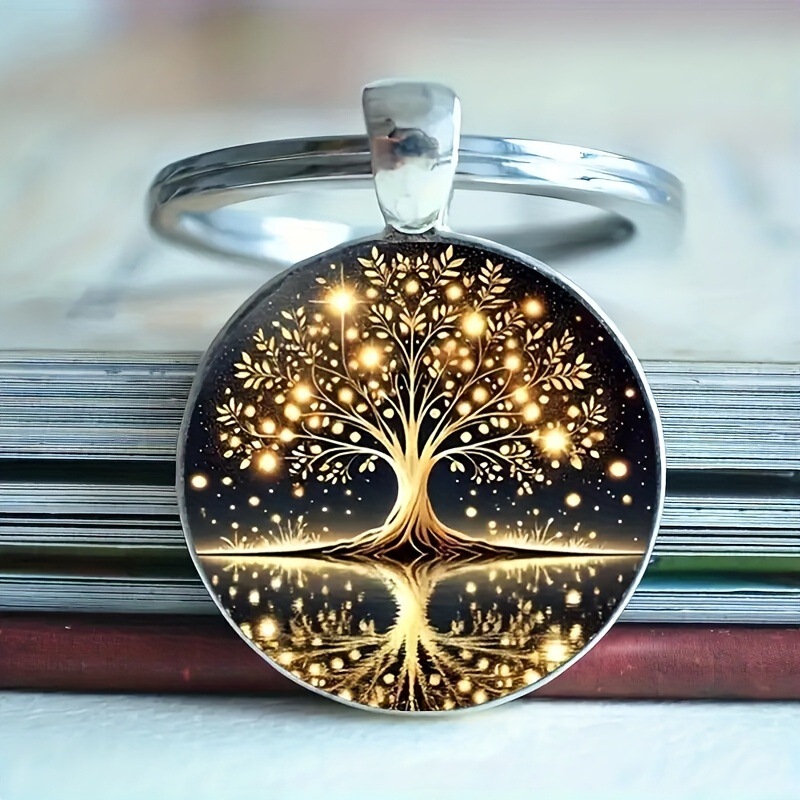 Cross-Border New Tree of Life Pattern Glass Men's Alloy Round Keychain Anniversary Gift Jewelry Wholesale