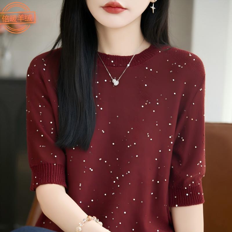 Fashionable and Stylish Sequined Fine Wool Knit T-Shirt for Women, New Loose-Fitting Slimming Short-Sleeve Summer Thin Top Fashionable and Stylish Sequined Fine Wool Knit T-Shirt for Women, New Loose-Fitting Slimming Short-Sleeve Summer Thin Top