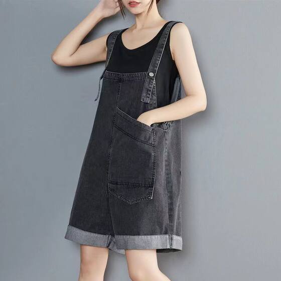 Women's Double-sided Wide-leg Denim Suspender Pants for Summer Students Loose Age-reducing Big Pocket Internet Trendy Suspender One-piece Shorts