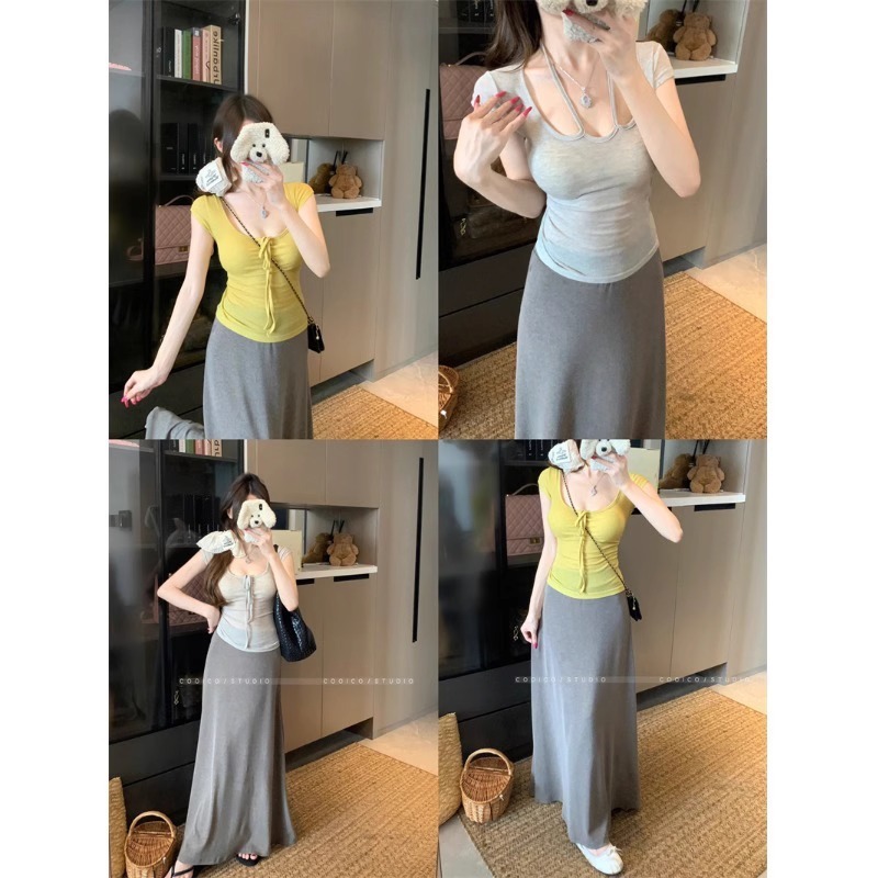ラ・シャペル ニッチデザイン 大きなネックライン 半袖 Tシャツ レディース 夏 ローUネック ホルターネック 右肩ウエストスリムトップ|undefined