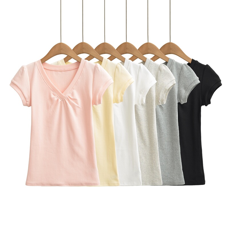 2026 Summer New Style V-Neck Pleated Short-Sleeve T-Shirt for Women, Solid Color Slim-Fit Casual Base Top 2026 Summer New Style V-Neck Pleated Short-Sleeve T-Shirt for Women, Solid Color Slim-Fit Casual Base Top