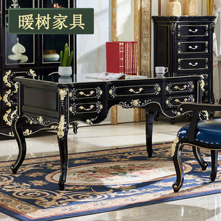 European Style Desk All Solid Wood Luxury Ebony Bedroom Writing Desk American Study Desk and Chair Home Villa Desk