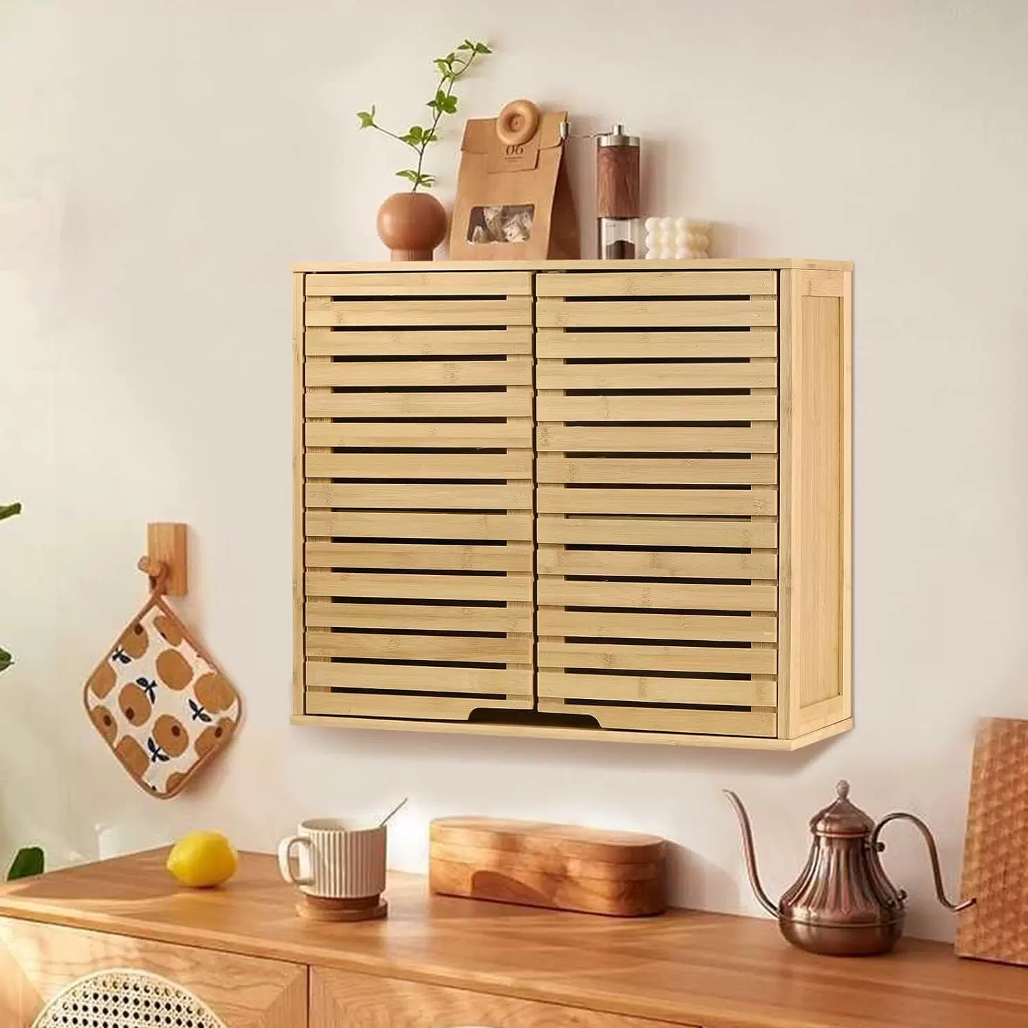 跨境双层木质收纳柜厨房壁挂式置物架多功能浴室洗浴用品储物柜