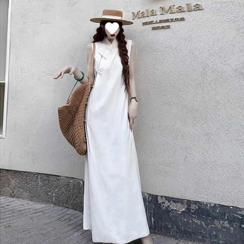 2025 Tall and Long New Chinese Style Improved Loose Cheongsam Dress with Buttoned Vest Dress