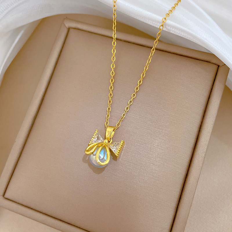 Edle Perlen Schleifen Halskette Diamant Titanium Stahl Kette_voghion.com