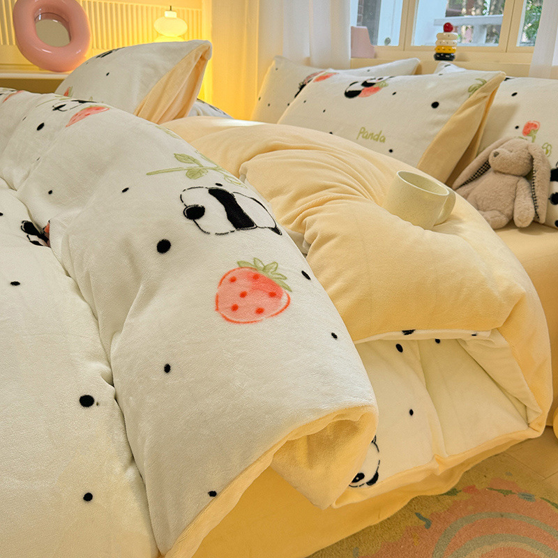 Invierno engrosado 2025 nuevo conjunto de cuatro piezas de lana de leche de doble cara edredón de coral sábanas de tres piezas