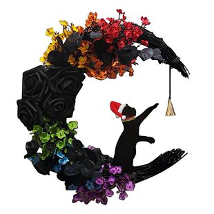 Cross-Border New Halloween Crescent Moon Cat Bell Garland Christmas Moon Simulation Rattan Garland Atmosphere Door Hanging