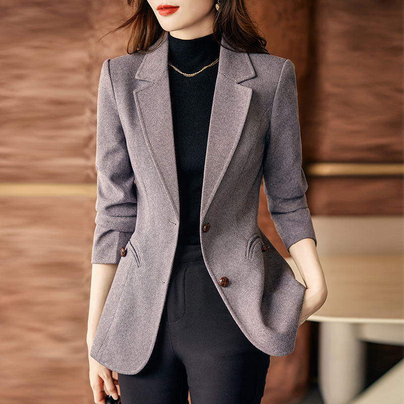 Grey Suit Jacket Women's Spring and Autumn 2024 New High-end Sense Small Elegant Casual Woolen Suit Top