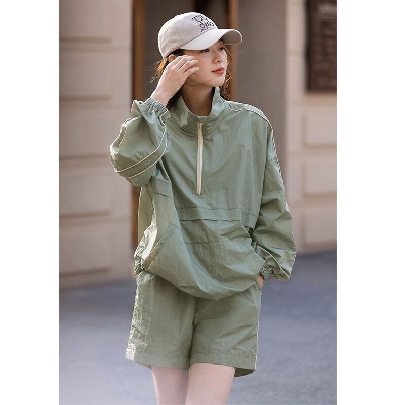 Sunscreen Clothing Thin Casual Sports suit Women's Summer New Hong Kong-style Street Sunscreen Shirt Shorts Running Two-piece Set Sunscreen Clothing Thin Casual Sports suit Women's Summer New Hong Kong-style Street Sunscreen Shirt Shorts Running Two-piece Set
