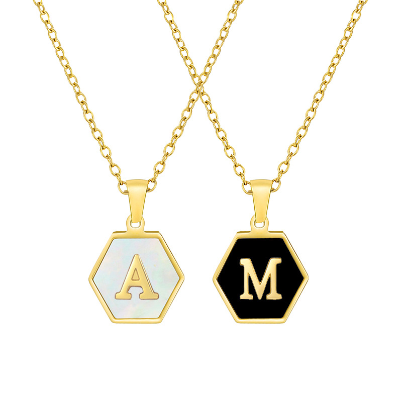 Simple Style Hexagon Letter Stainless Steel Inlaid Shell Pendant Necklace Colorza_colorza_4