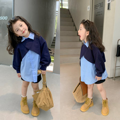 女童韓版時髦假兩件襯衫2022秋裝新款寶寶拼接翻領撞色休閒衛衣潮